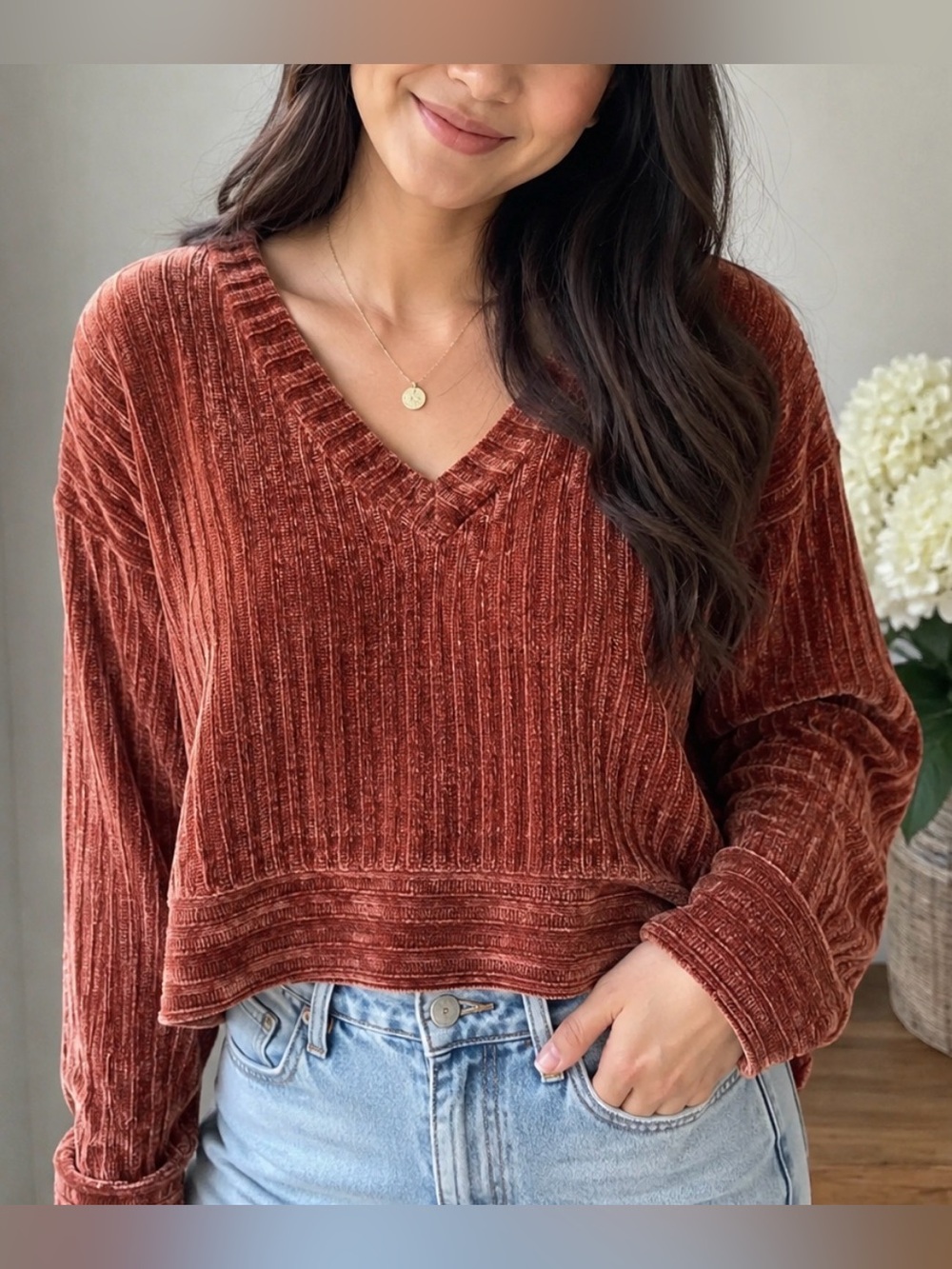 Entro Women's V-Neck Cozy, Soft Ribbed Sweater, Excellent Condition